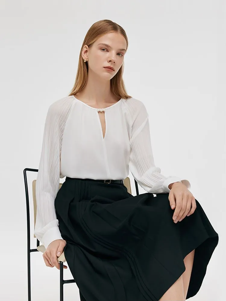 Acetate Pleated Sleeves Cut-Out Neck Women Blouse