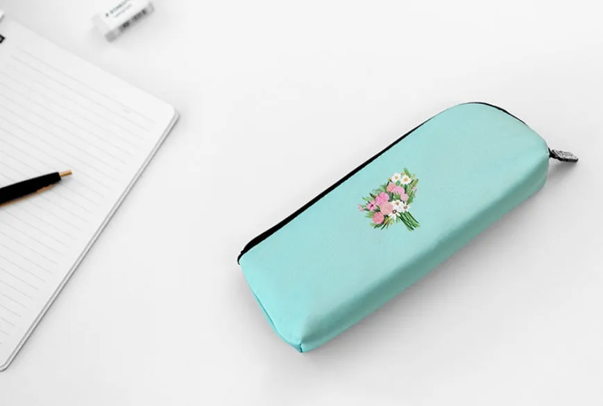 Aquamarine Pink Rose Bouquet Graphic Pencil Cases Stationery Zipper School 19cm Office Cosmetics Pouches Artists Designer Prints Gifts Bags Purses Students Girls Cute Teens Inner Pocket