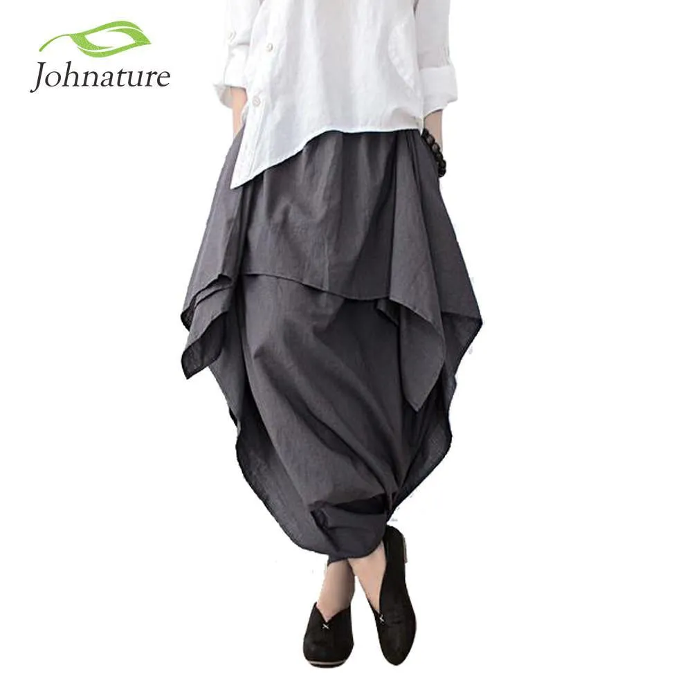 Asymmetric Pants Plus Size Capris Elastc Waist Skirt Women Johnature 706340