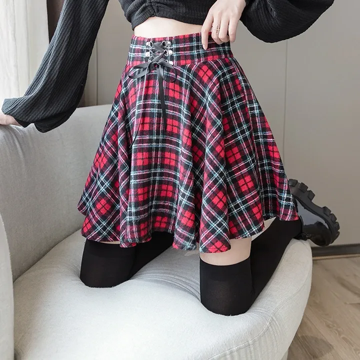 Autumn Plaid Lace-up Preppy Skirt AD12673