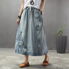 BABAKUD Summer Thin Cartoon Embroidered Patch Swing  Denim Skirt