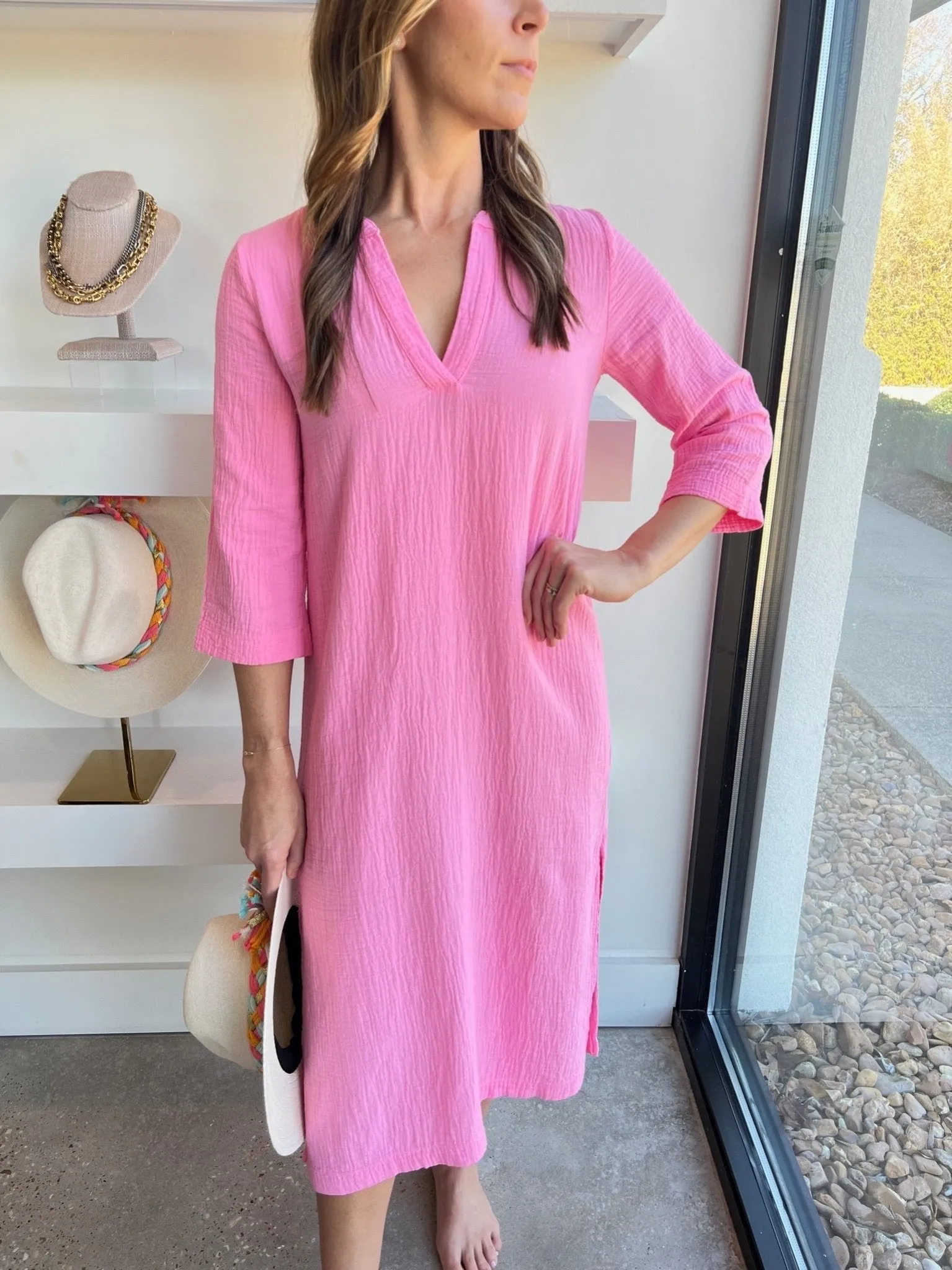 Bright Pink Raw Edge 3/4 Sleeve Midi Caftan