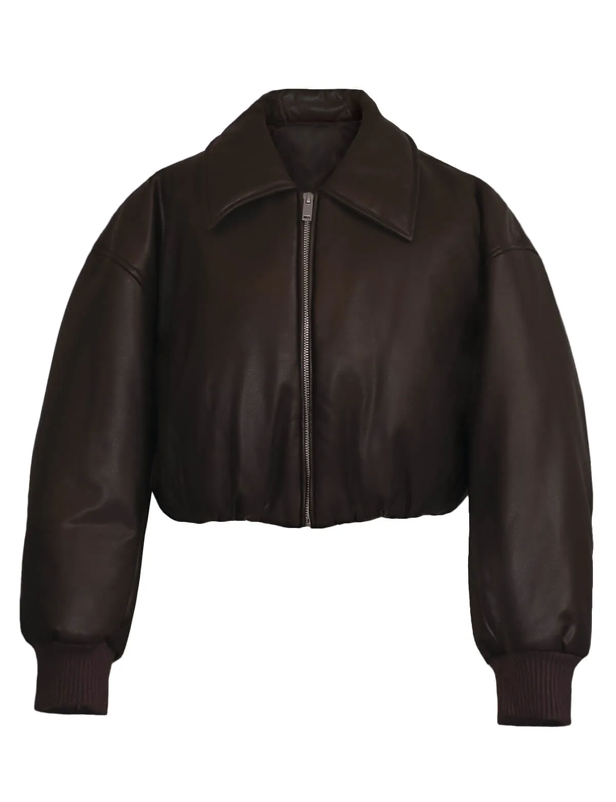 Brown Faux-Leather Bomber Jacket