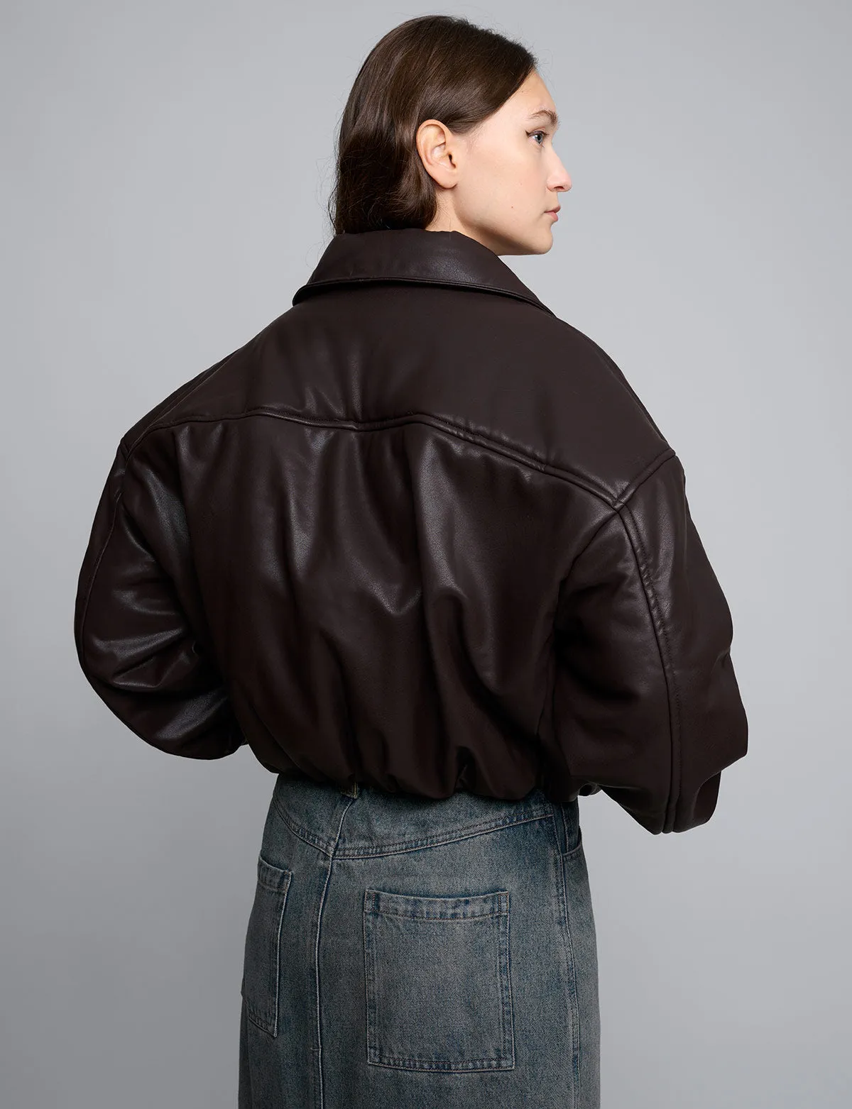 Brown Faux-Leather Bomber Jacket