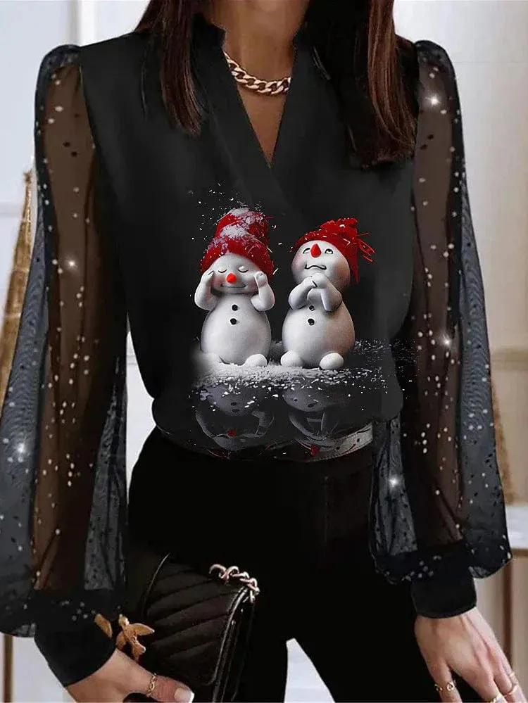 Christmas Snowman Women's Long Sleeve Shirt Blouse