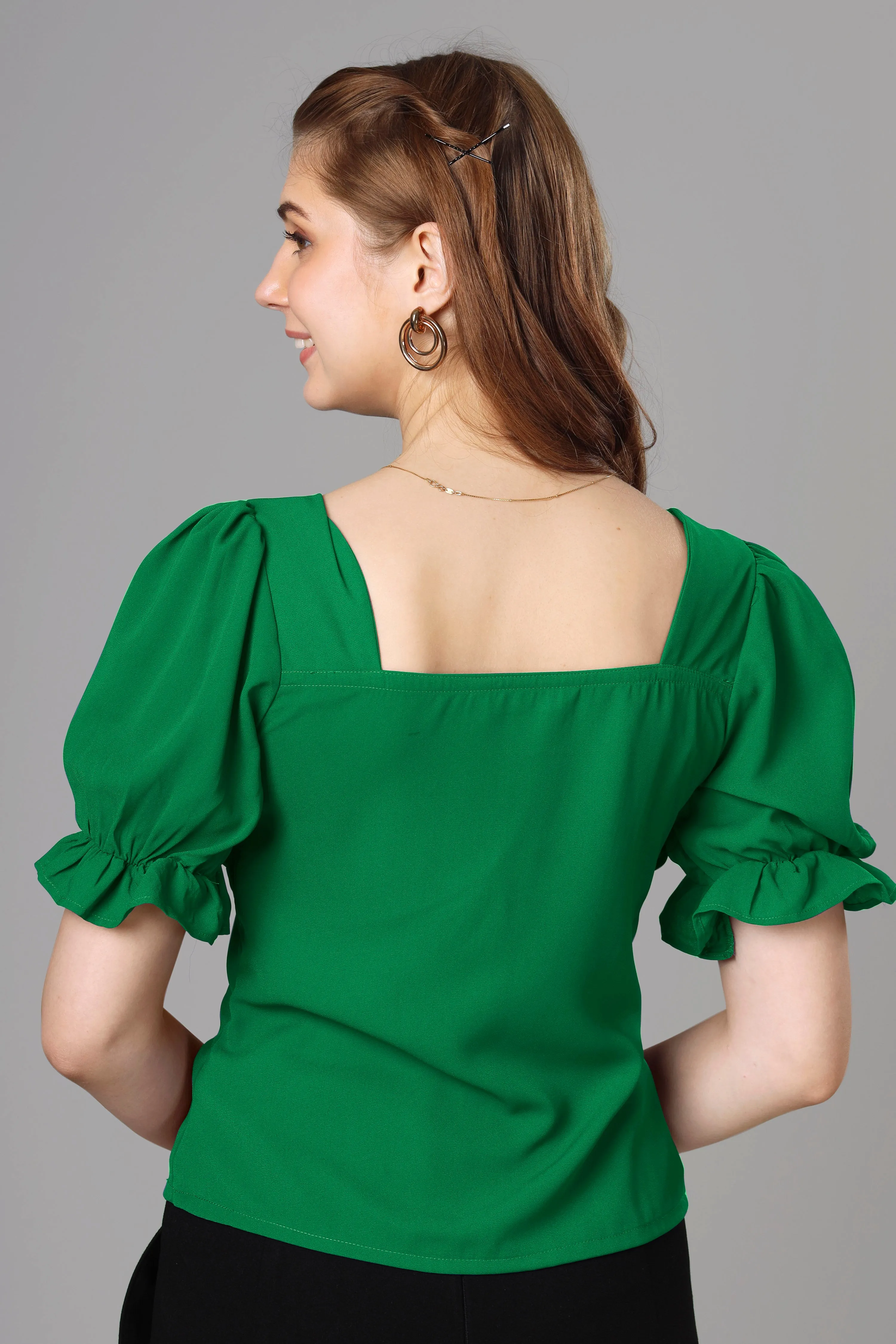 Classic Green Half Pleated Top For Women