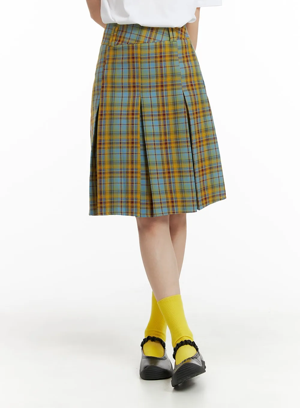 Contrasting Plaid Pleated Midi Skirt OM408