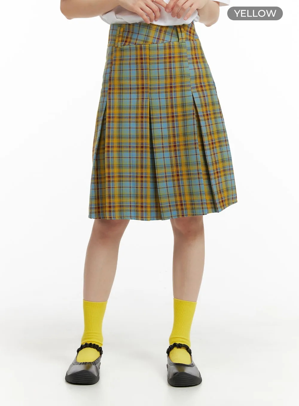 Contrasting Plaid Pleated Midi Skirt OM408