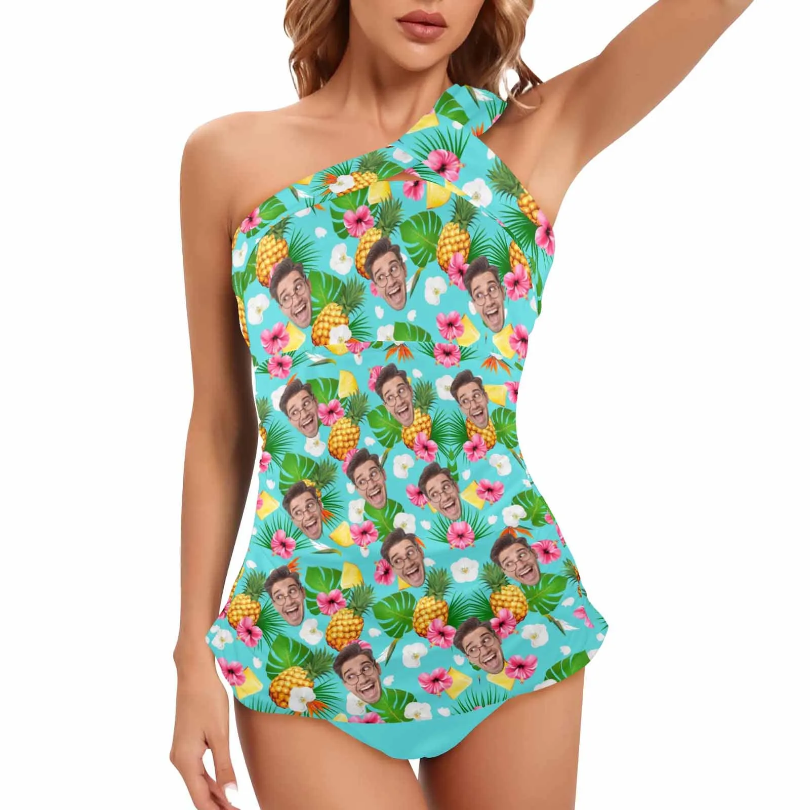 Custom Face Pineapple Green Swimsuit Personalized Face Women's One Shoulder Two Piece Bathing Suit