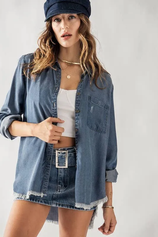 Denim Button Down Raw Hem Washed Shirt