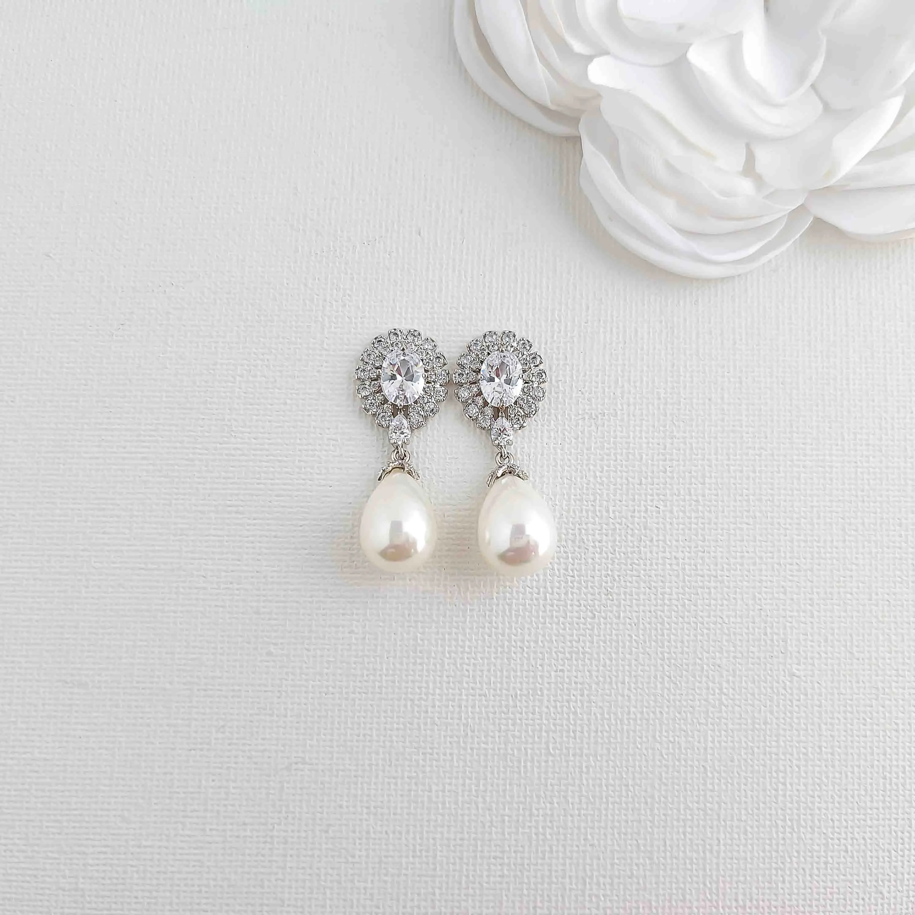 Earrings With White Teardrop Pearls for Brides-Sophie