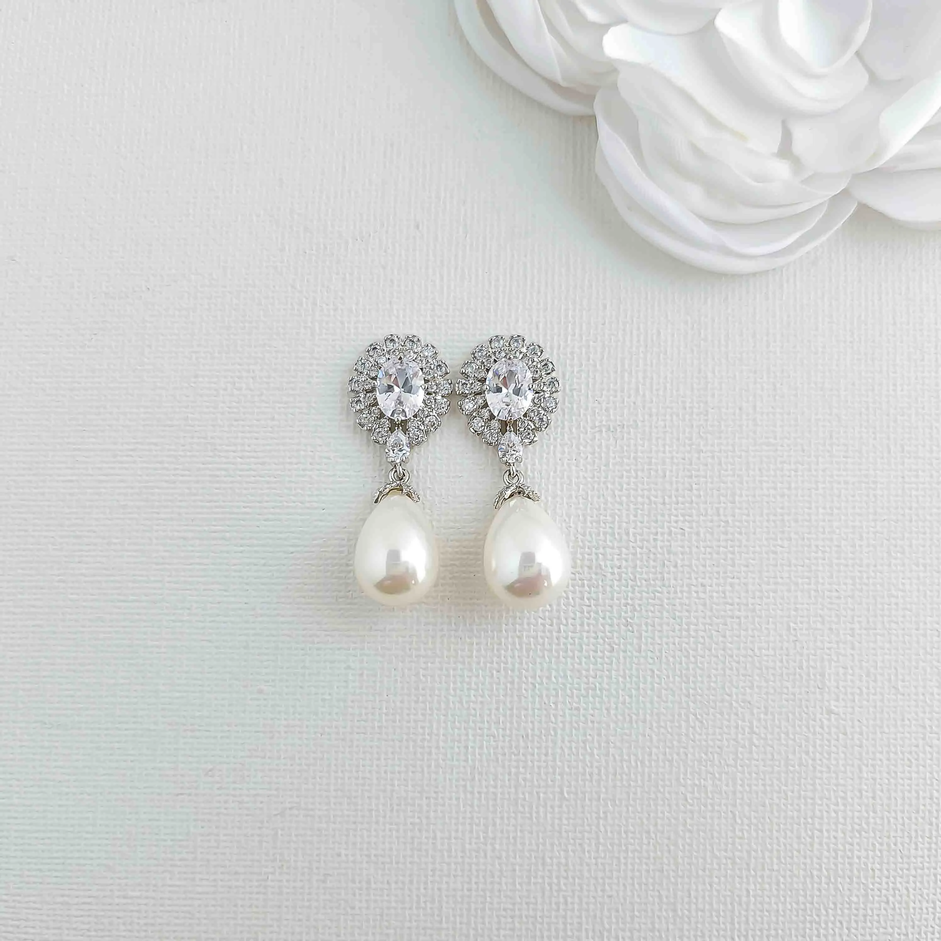 Earrings With White Teardrop Pearls for Brides-Sophie