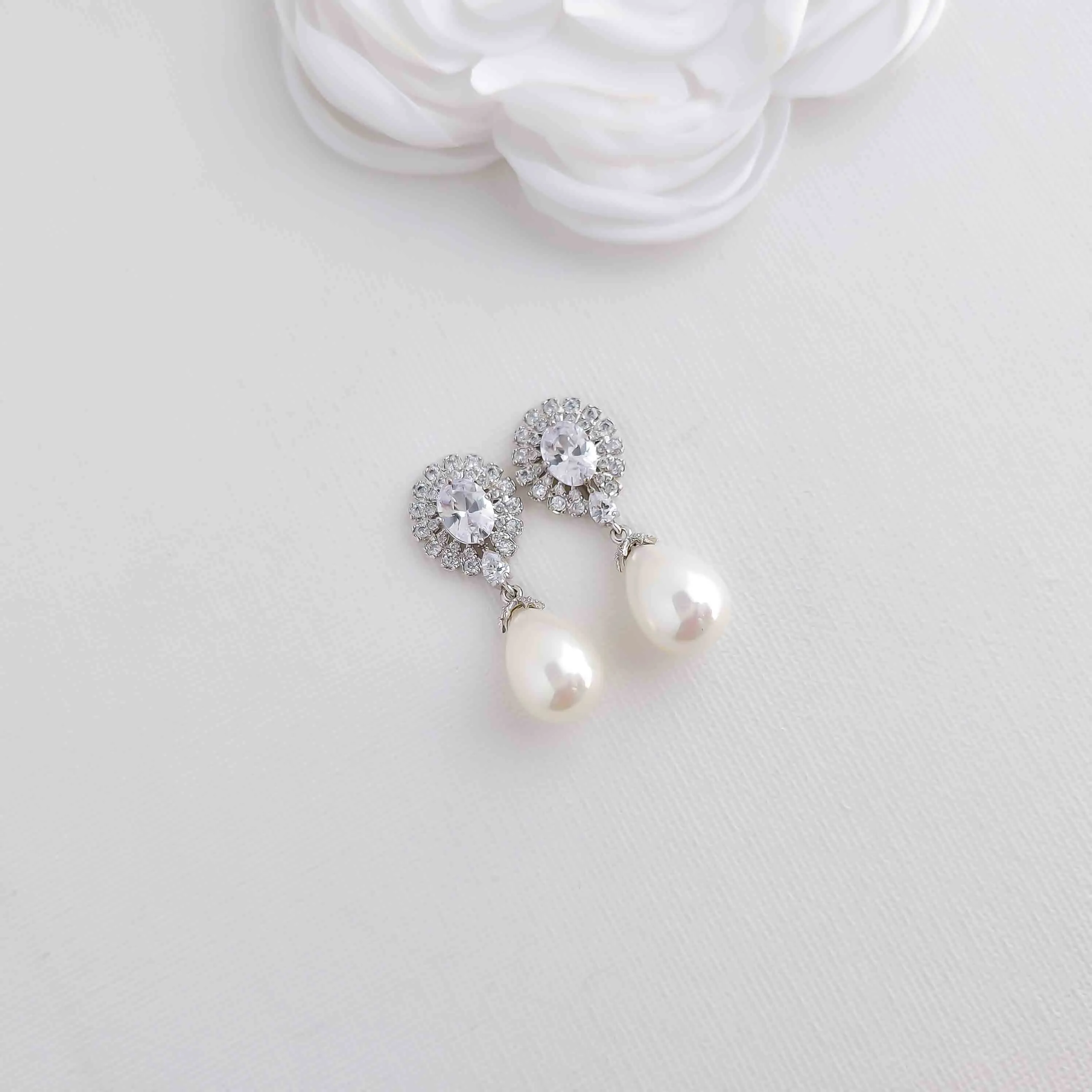 Earrings With White Teardrop Pearls for Brides-Sophie