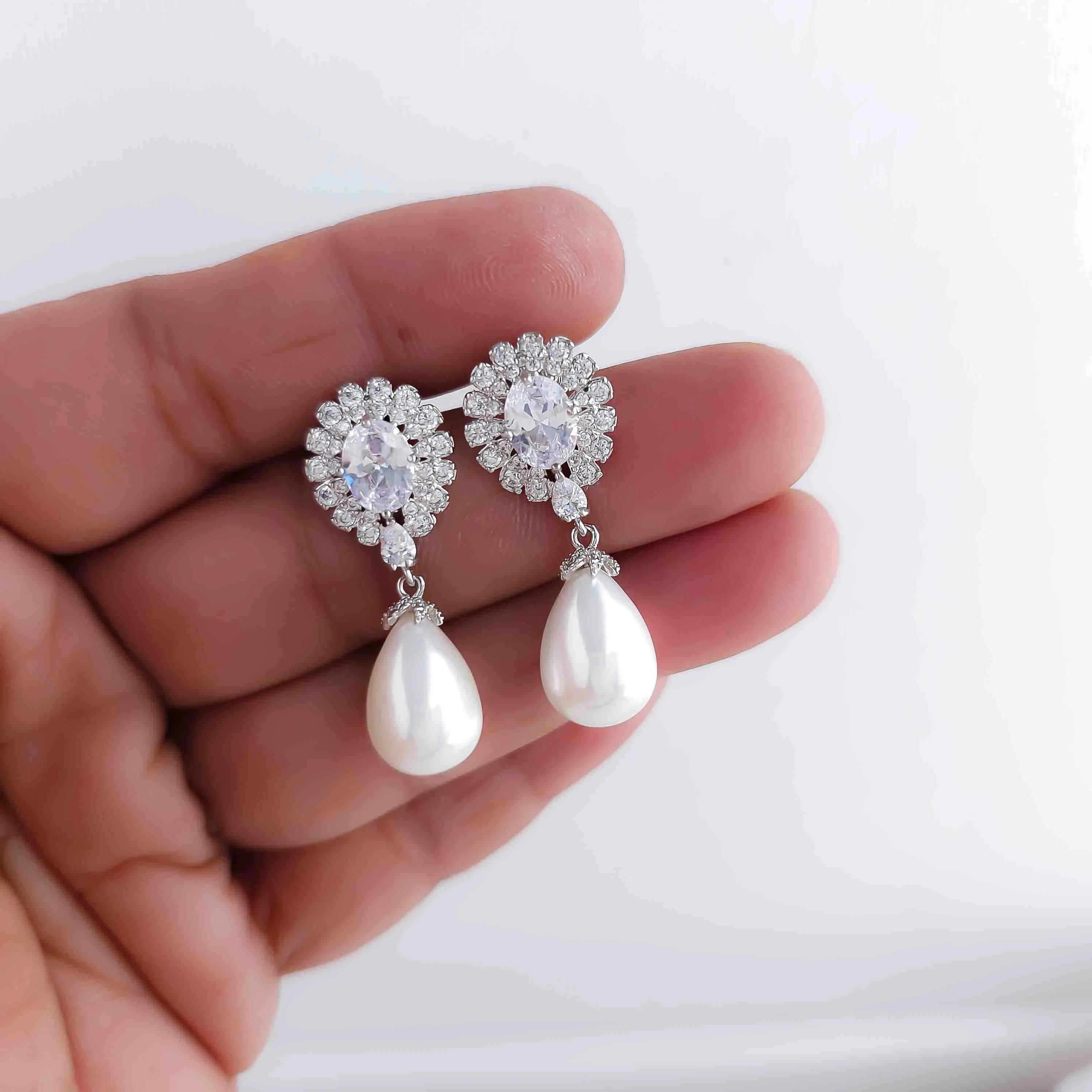 Earrings With White Teardrop Pearls for Brides-Sophie