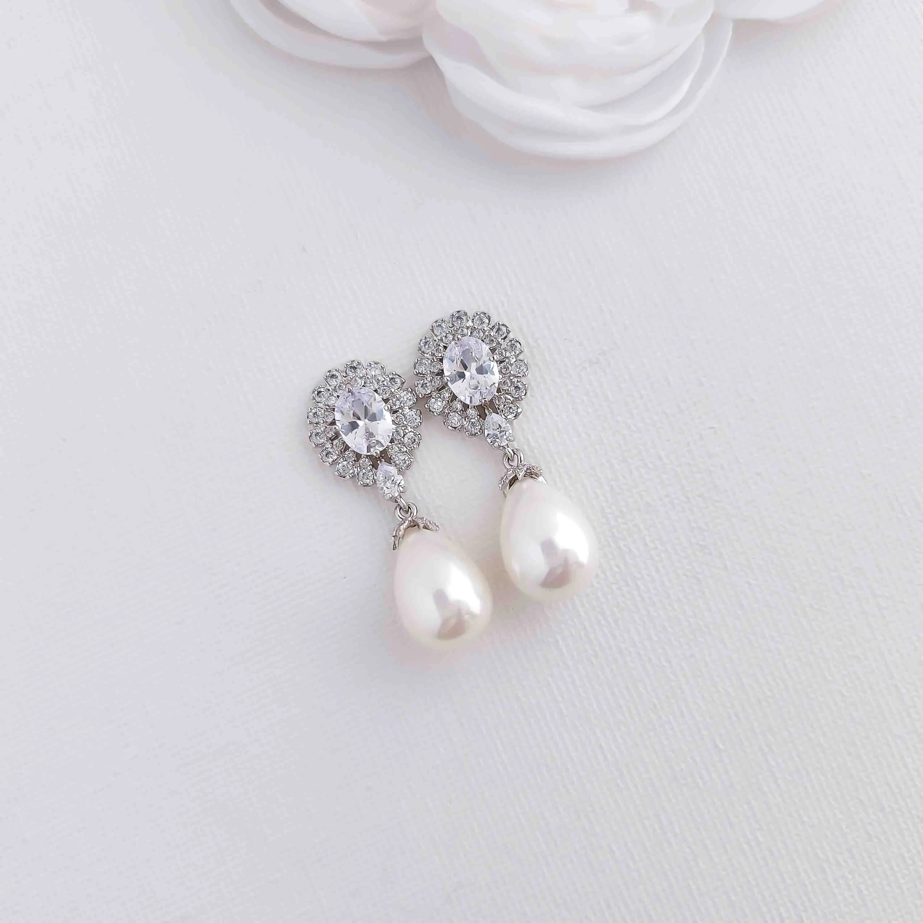 Earrings With White Teardrop Pearls for Brides-Sophie