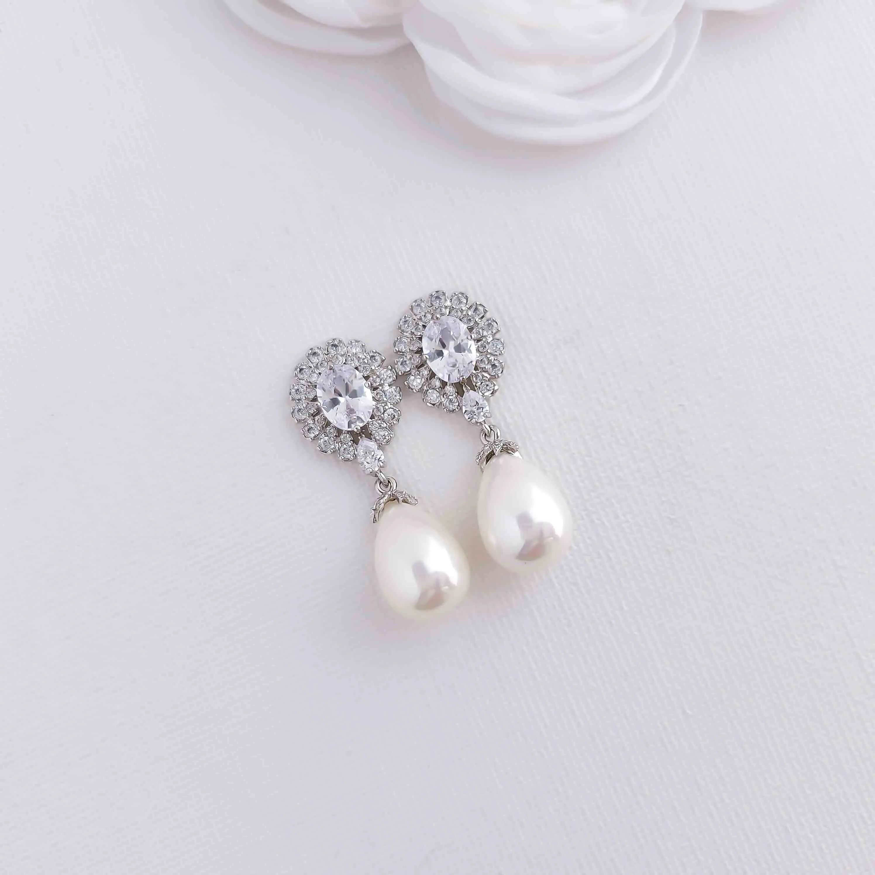 Earrings With White Teardrop Pearls for Brides-Sophie