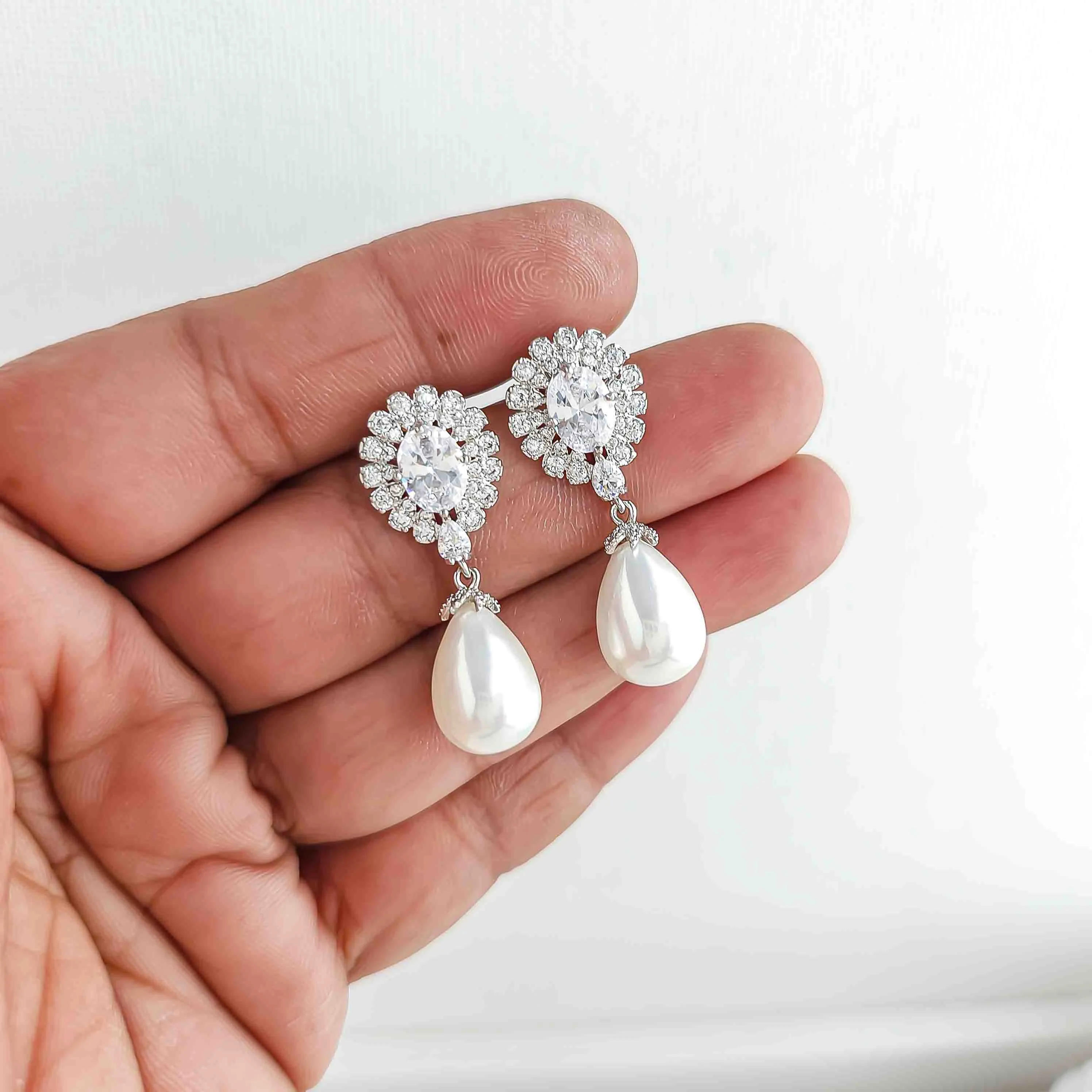 Earrings With White Teardrop Pearls for Brides-Sophie