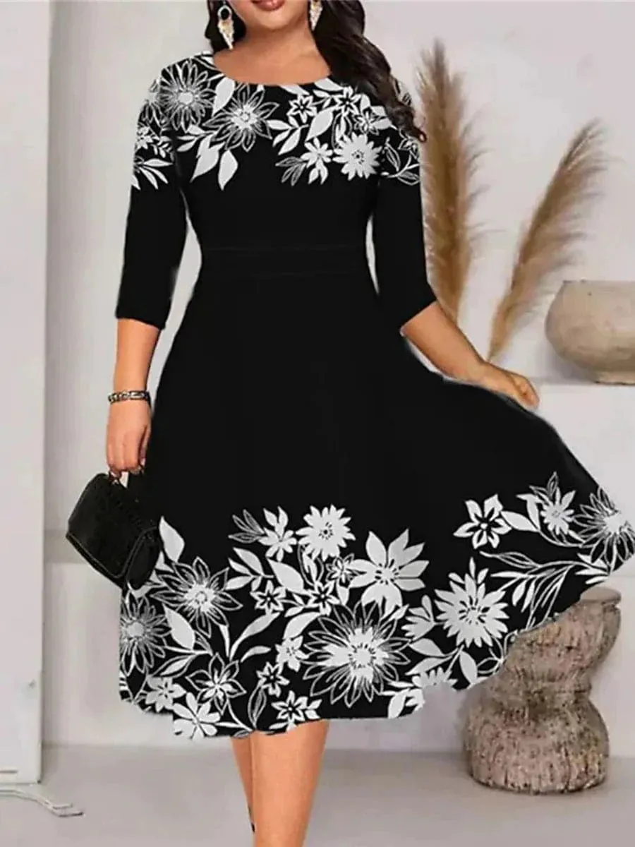 Elegant Leaf Floral Print A-Line Midi Dress for Plus Size Women