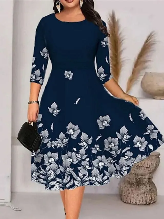 Elegant Leaf Floral Print A-Line Midi Dress for Plus Size Women