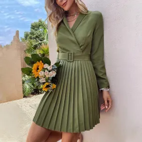 Elegant V-neck A-line Pleated Dress 2021 Women Green Office Lady Long sleeve Belt Blazer Dress Casual female