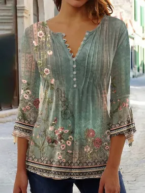 Floral Print Henley Shirt for Women with 3/4 Length Sleeves