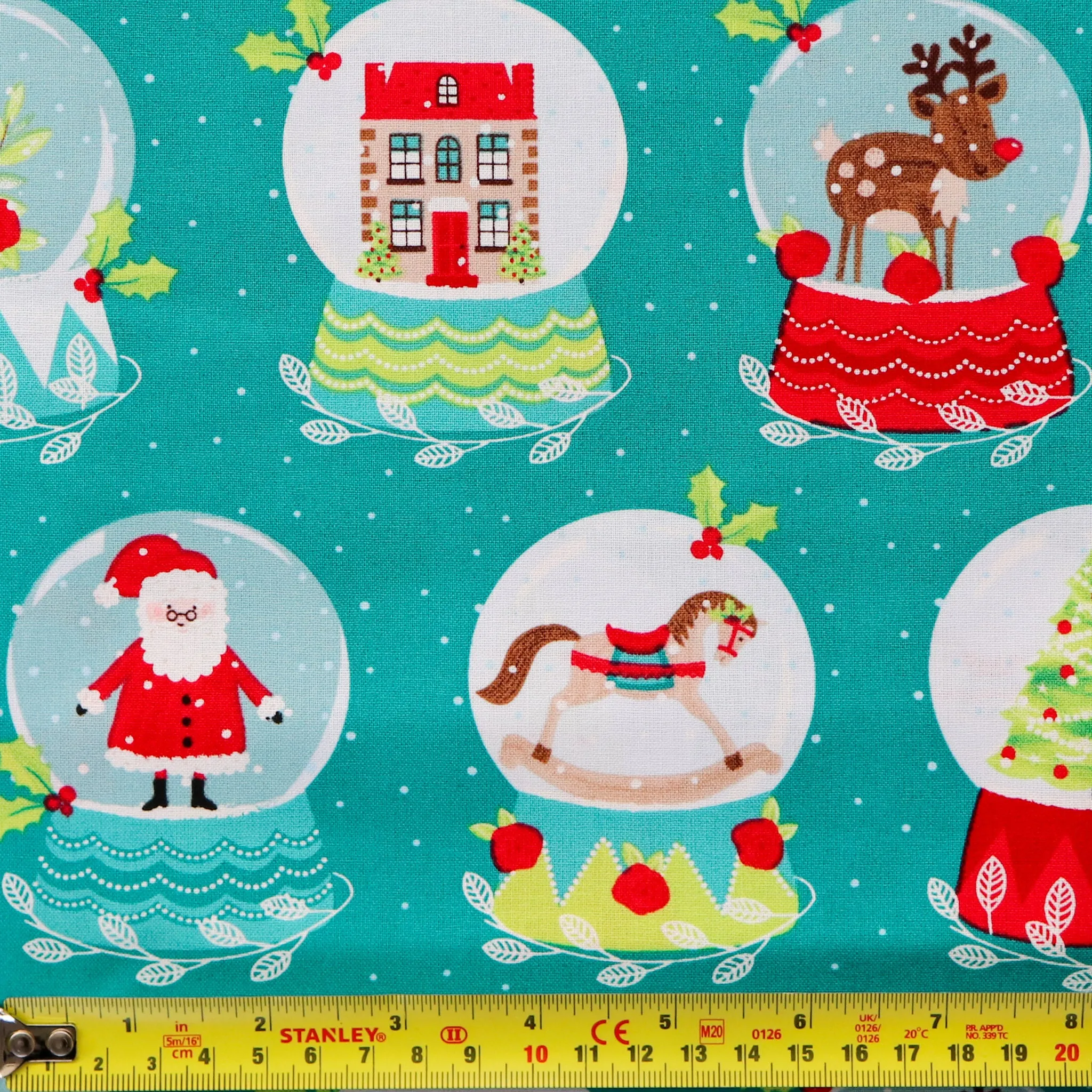 FS1162 Christmas Santa Snowglobes Cotton Fabric Green