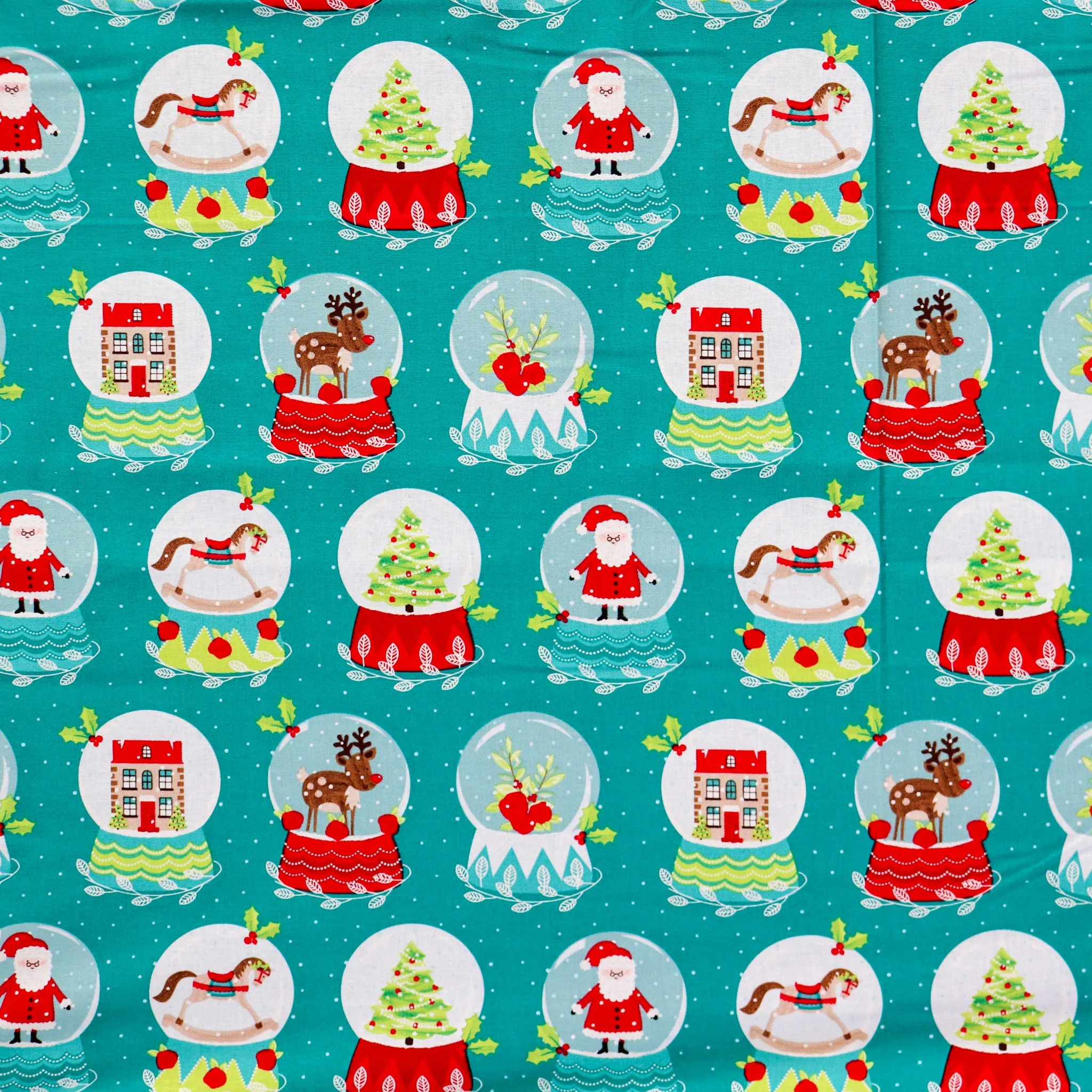 FS1162 Christmas Santa Snowglobes Cotton Fabric Green