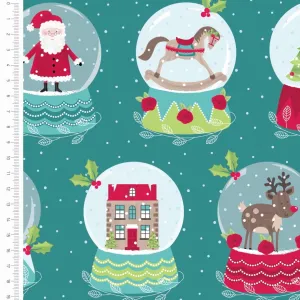 FS1162 Christmas Santa Snowglobes Cotton Fabric Green