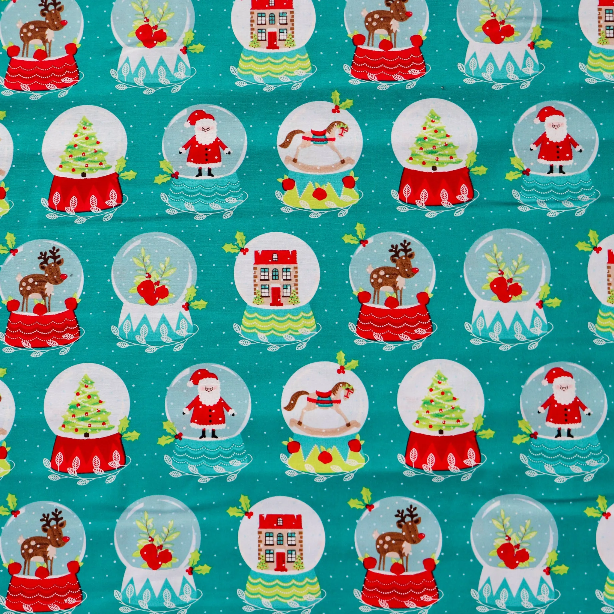 FS1162 Christmas Santa Snowglobes Cotton Fabric Green