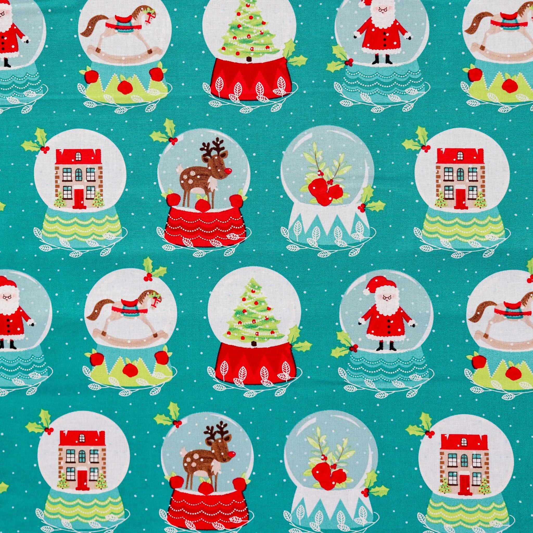 FS1162 Christmas Santa Snowglobes Cotton Fabric Green