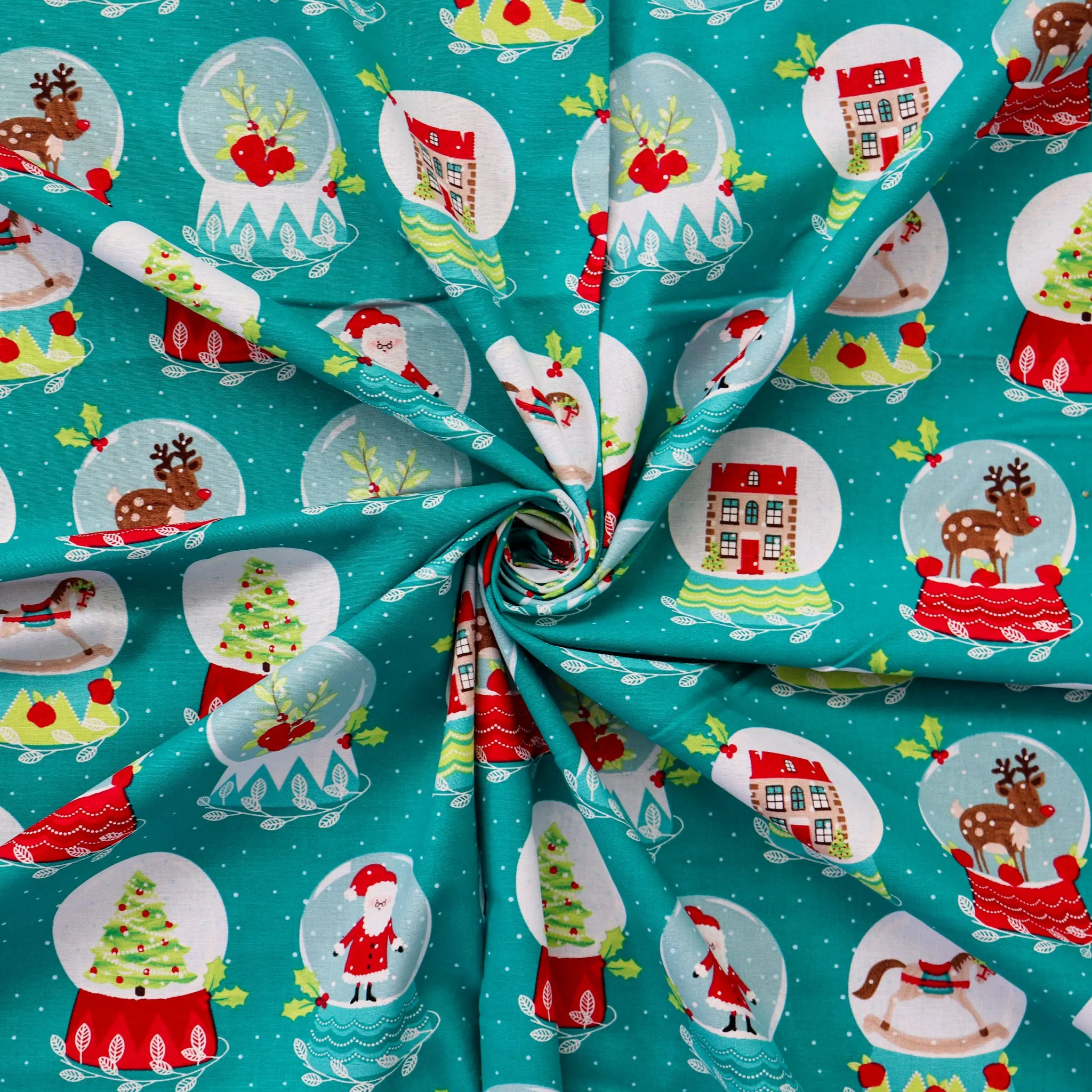 FS1162 Christmas Santa Snowglobes Cotton Fabric Green