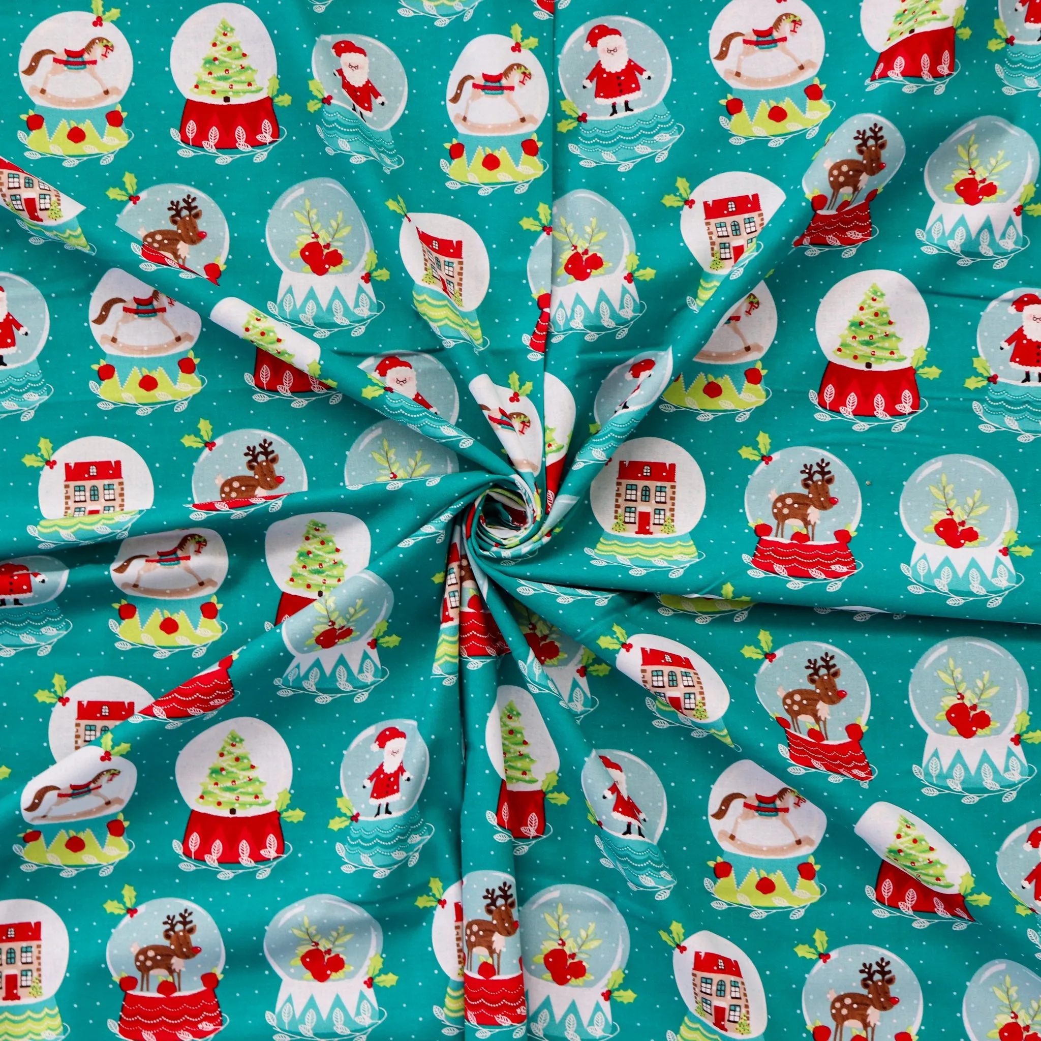 FS1162 Christmas Santa Snowglobes Cotton Fabric Green