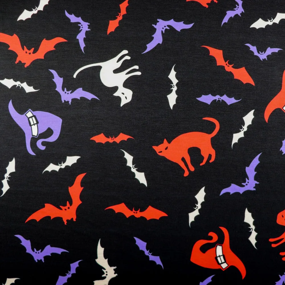 FS712 Halloween Cats and Bats Spun Polyester Jersey Knit Stretch Fabric Black