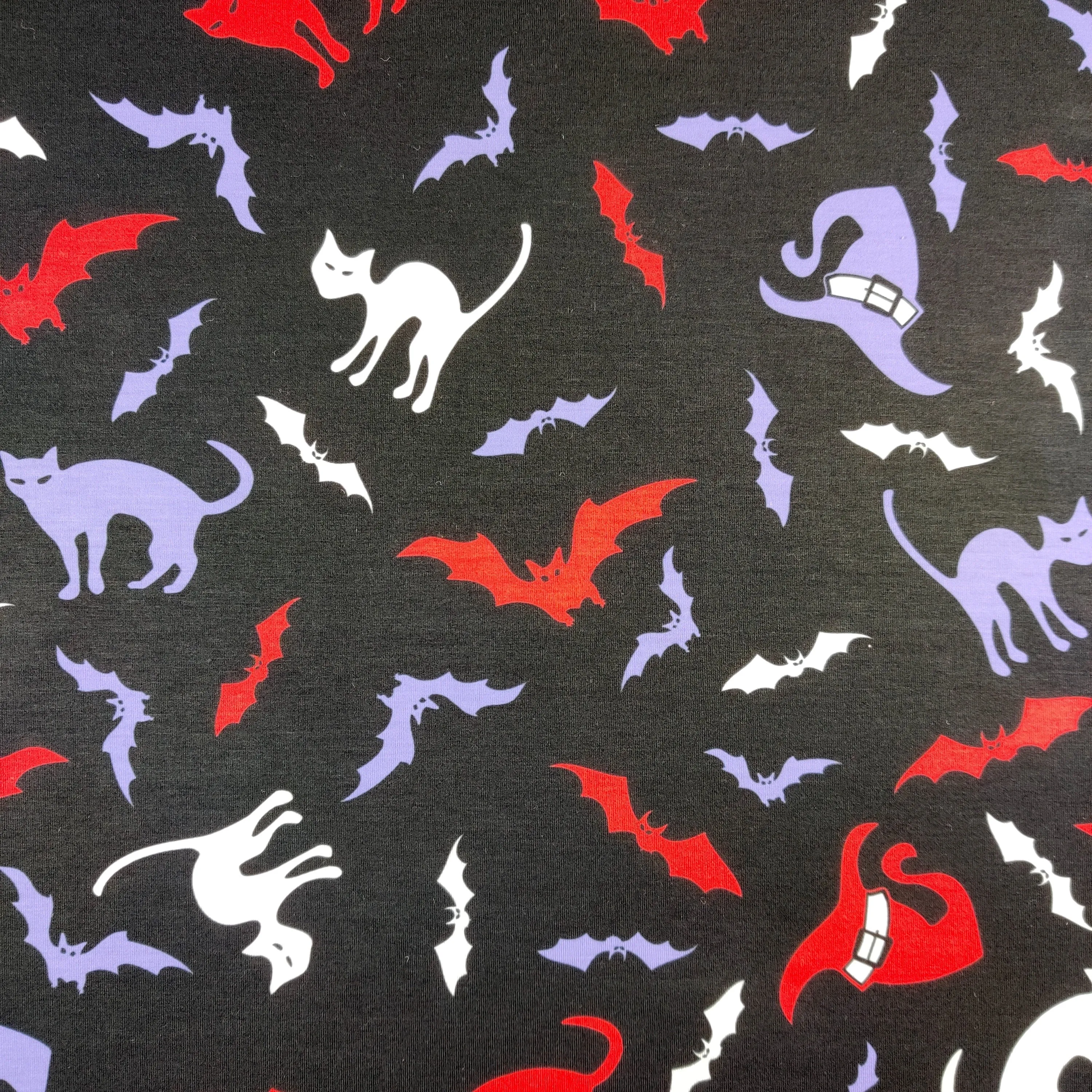 FS712 Halloween Cats and Bats Spun Polyester Jersey Knit Stretch Fabric Black