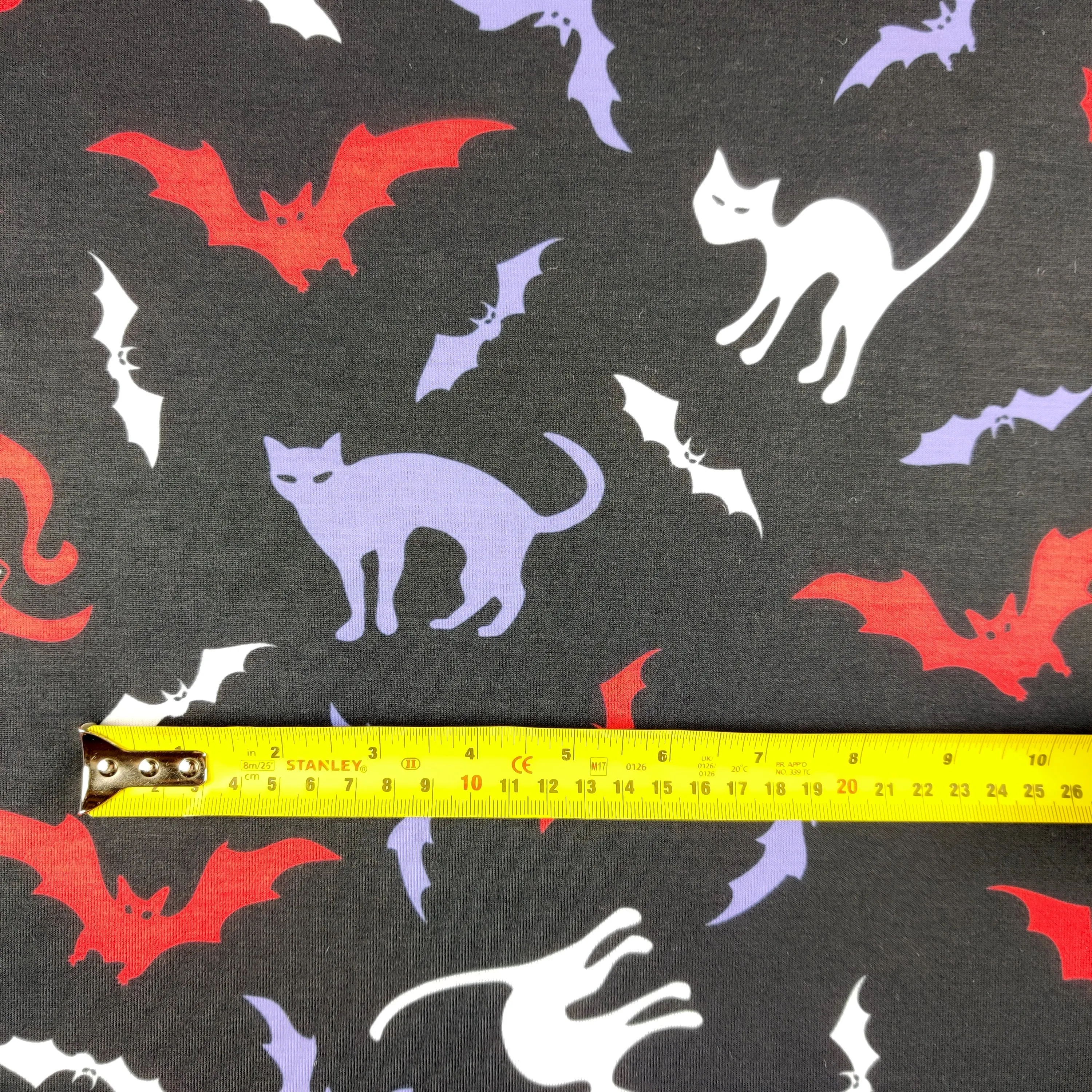 FS712 Halloween Cats and Bats Spun Polyester Jersey Knit Stretch Fabric Black