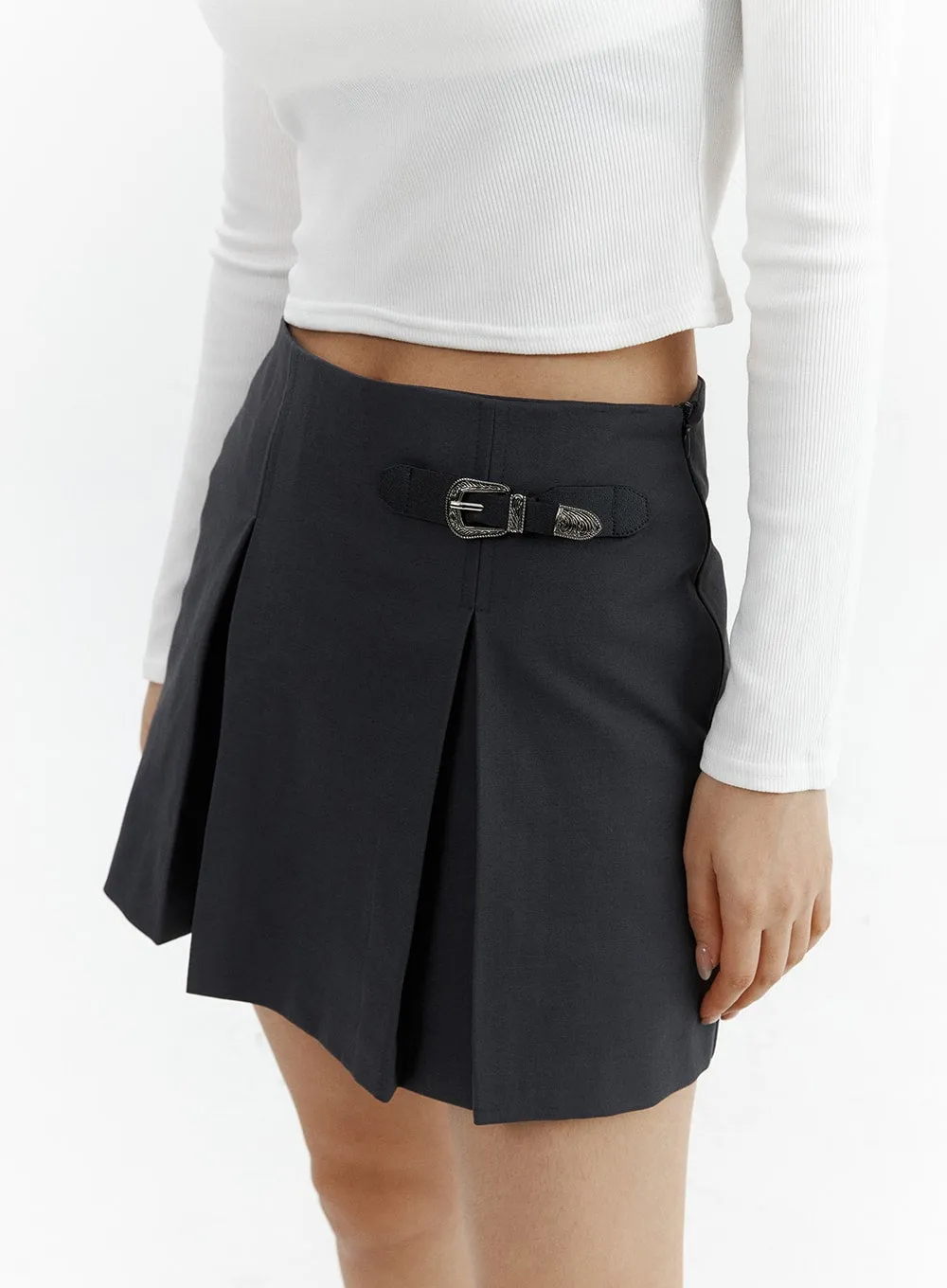 Gray Pleated Belted Mini Skirt CJ423