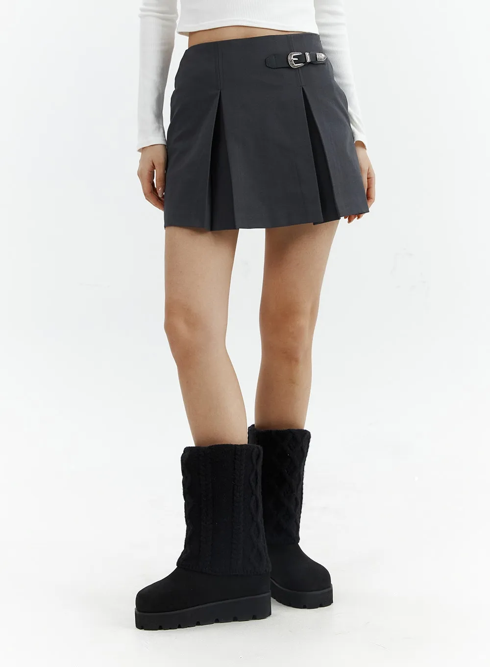 Gray Pleated Belted Mini Skirt CJ423