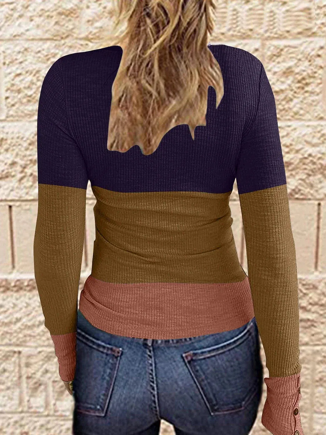 Henley Style Color Block Long Sleeve T-shirt for Women