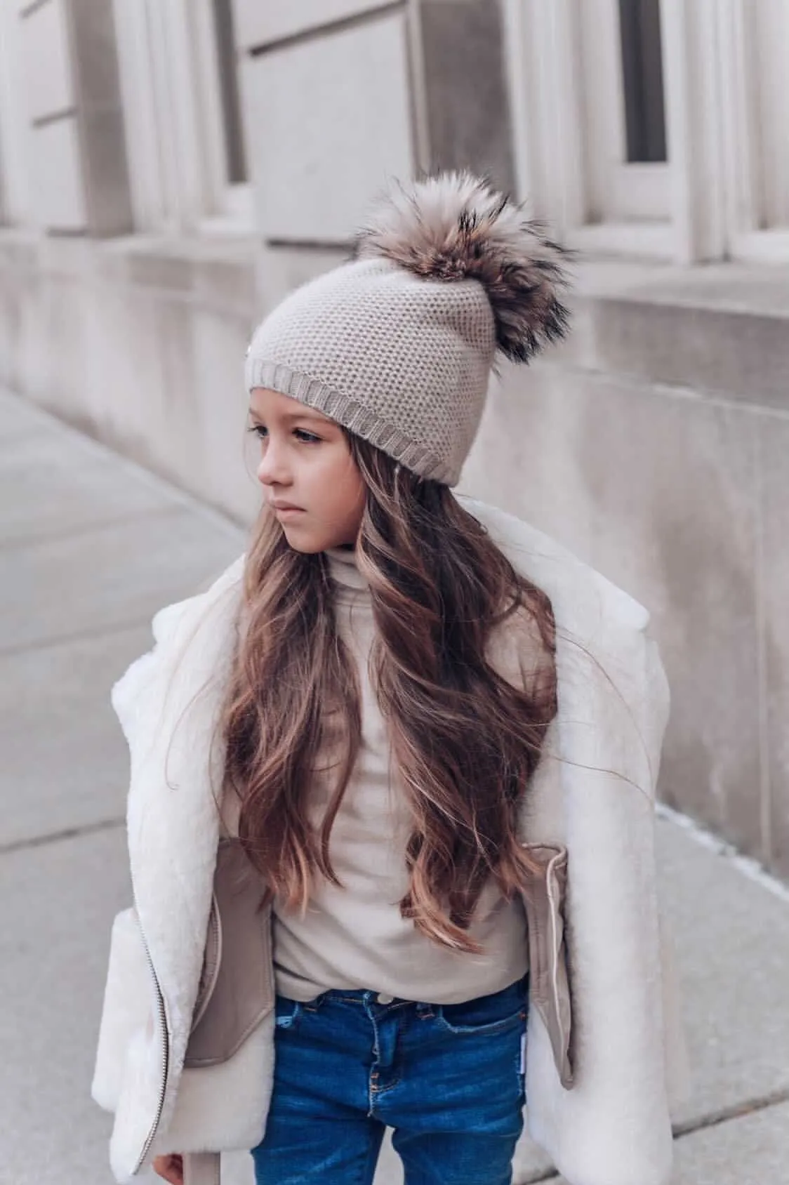 Honeycomb Beige Cashmere Beanie with Beige Pom