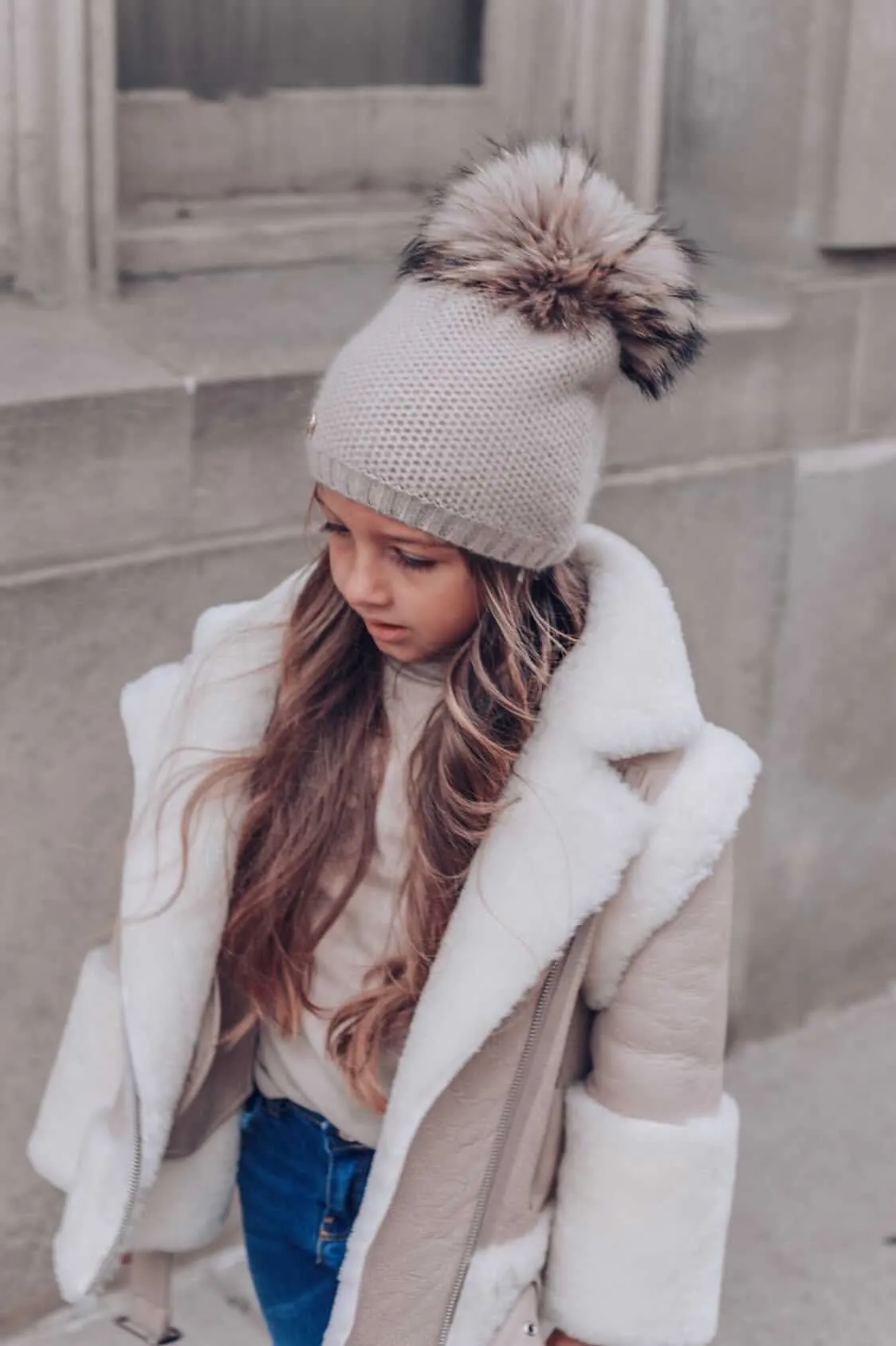 Honeycomb Beige Cashmere Beanie with Beige Pom