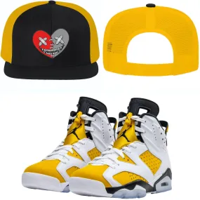 Jordan 6 Yellow Ochre 6s Flat Brim Trucker Snapback Hat to Match - RED HEART BAWS