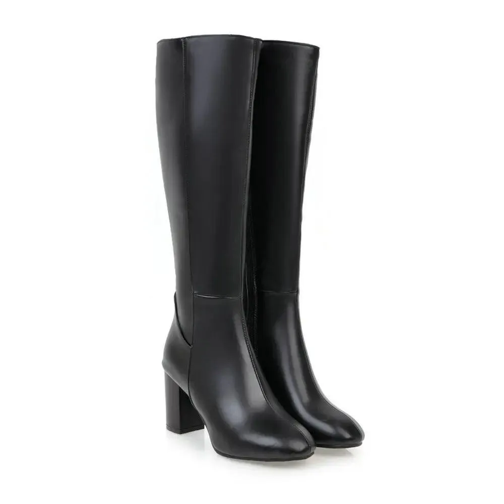 Leather High Heeled Knee High Women Boots