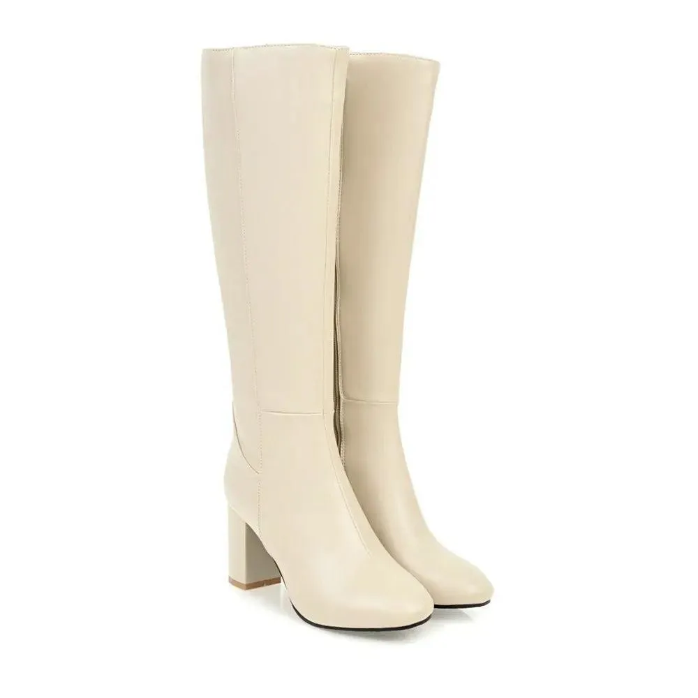 Leather High Heeled Knee High Women Boots