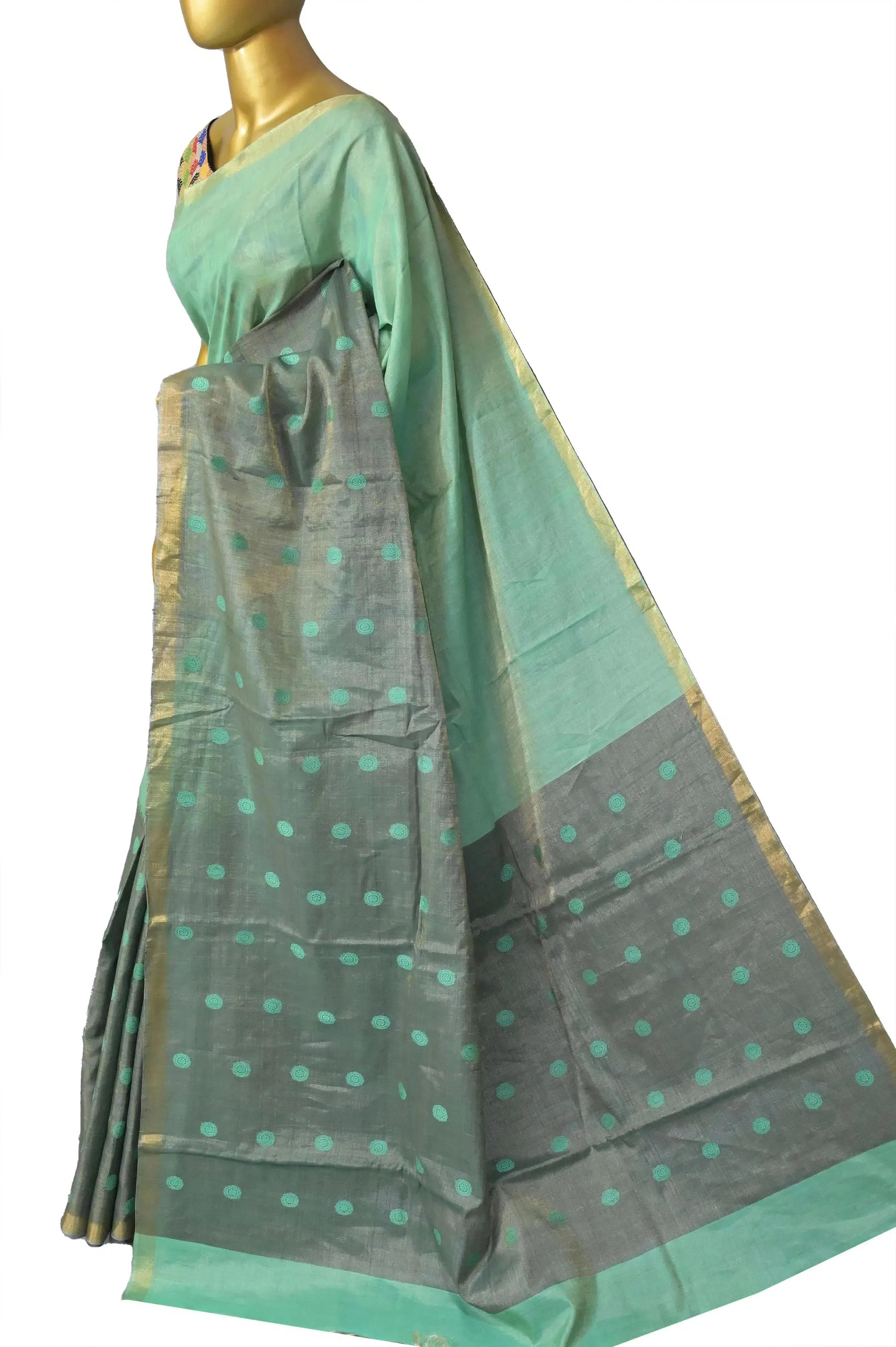 Light Sea Green and Grey Color Tussar Tissue Saree with Skirt Border