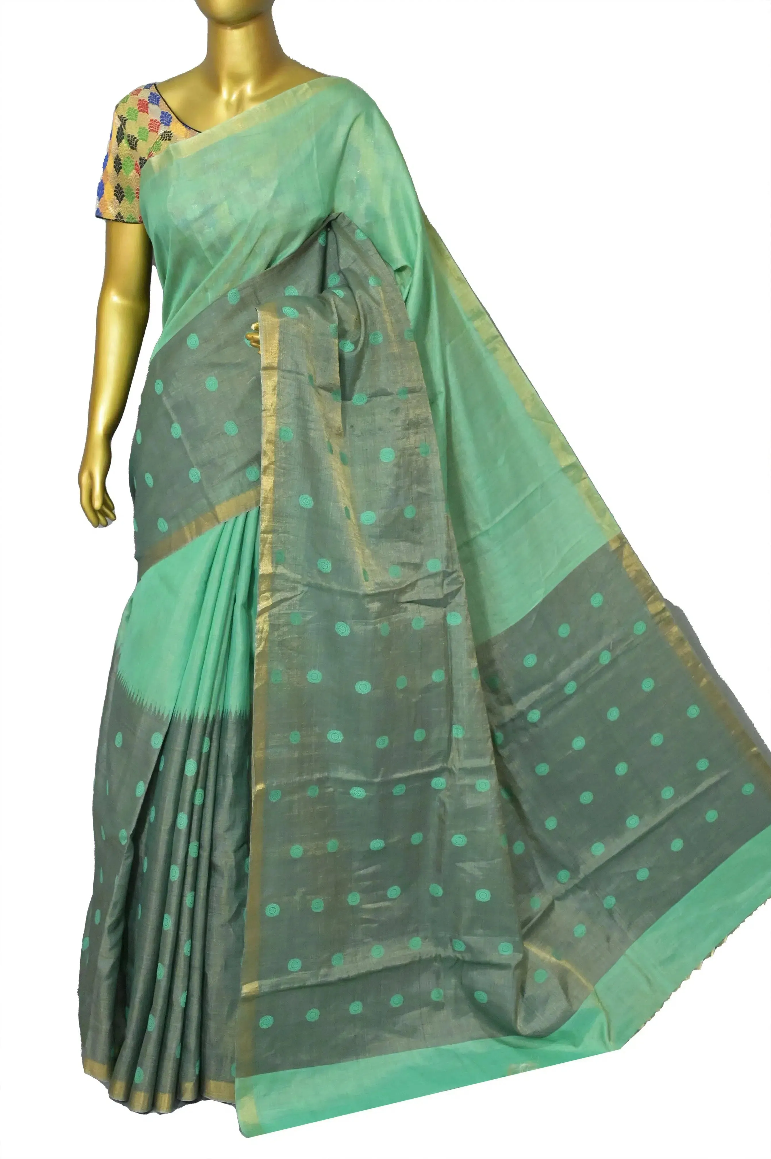 Light Sea Green and Grey Color Tussar Tissue Saree with Skirt Border