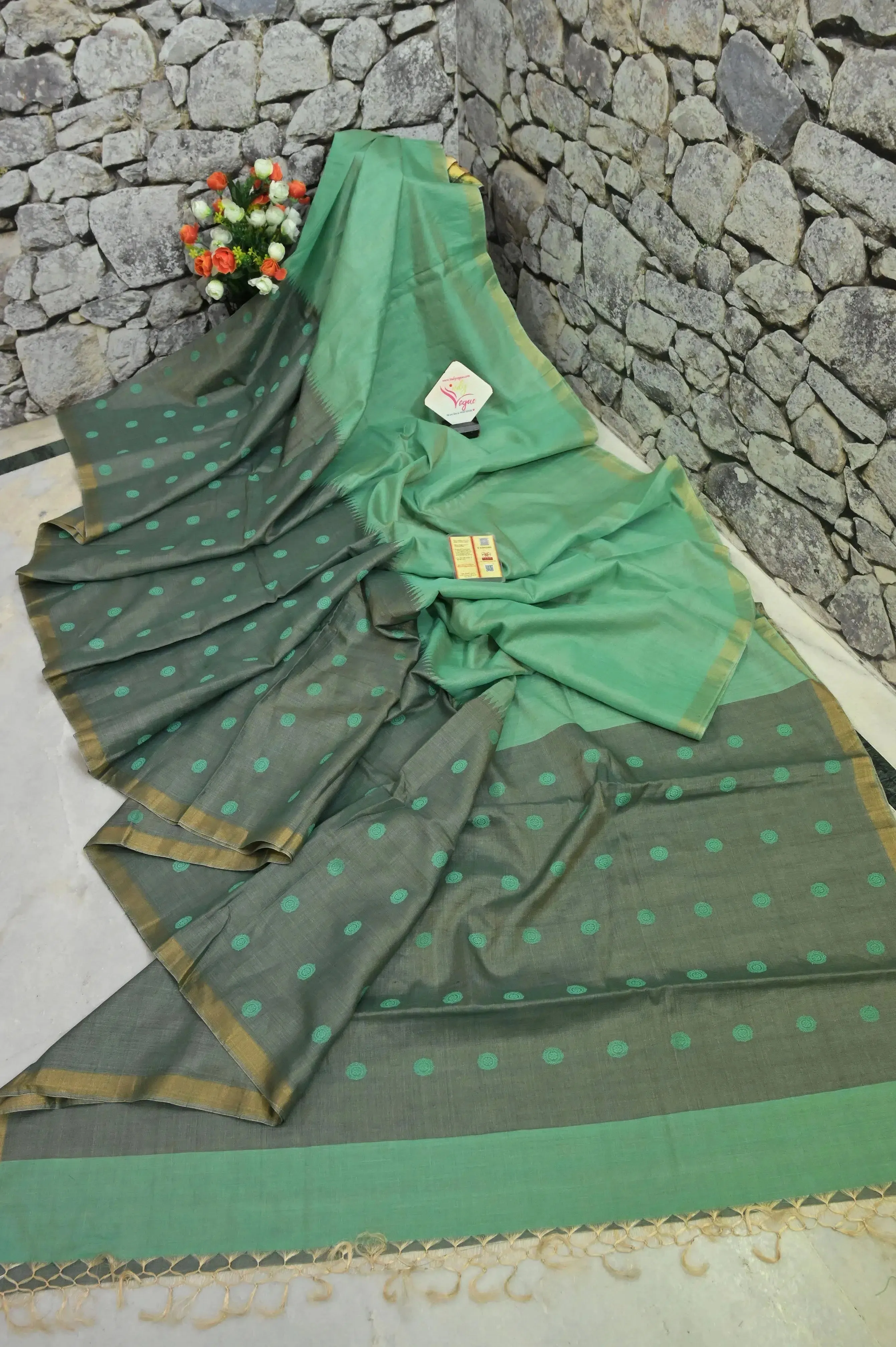 Light Sea Green and Grey Color Tussar Tissue Saree with Skirt Border