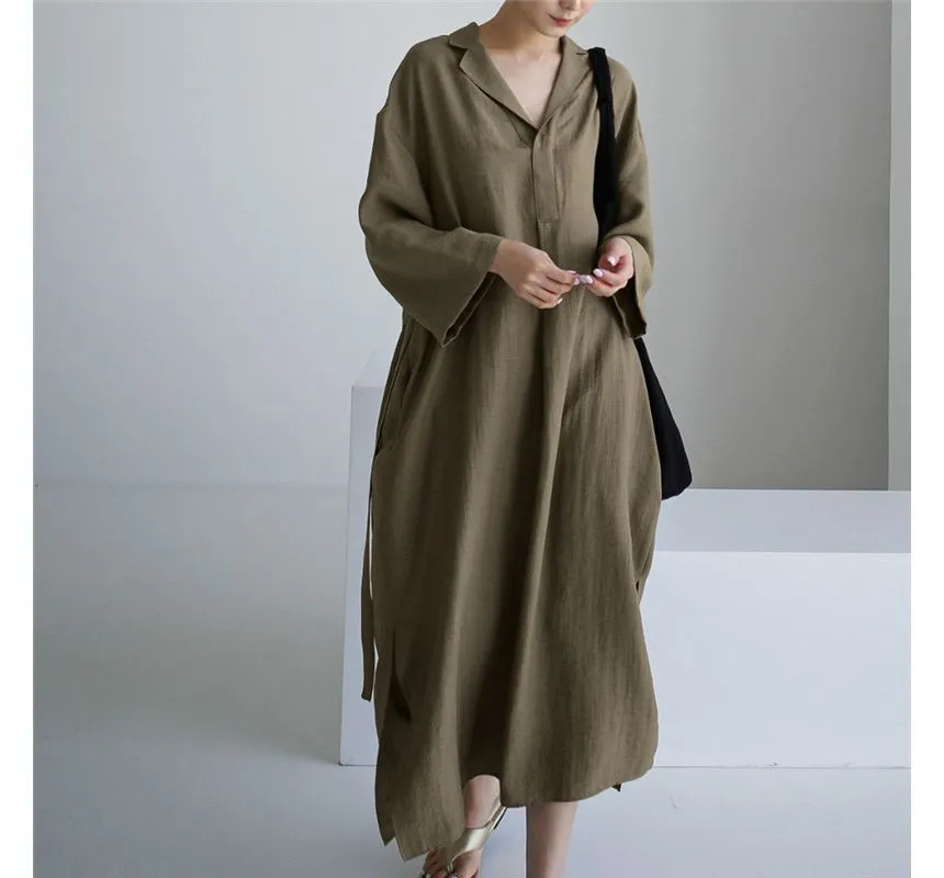 Long-Sleeve Lapel Collar Sashed Plain Half-Button Linen Midi A-Line Dress aa2