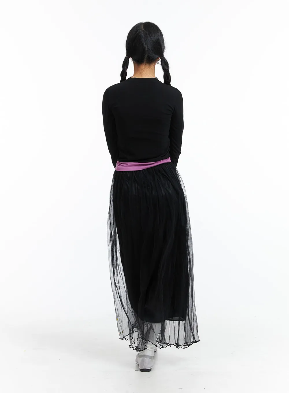 Mesh Layered A-Line Maxi Skirt OJ431