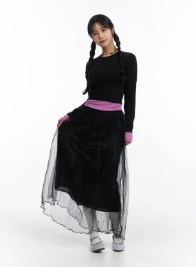 Mesh Layered A-Line Maxi Skirt OJ431