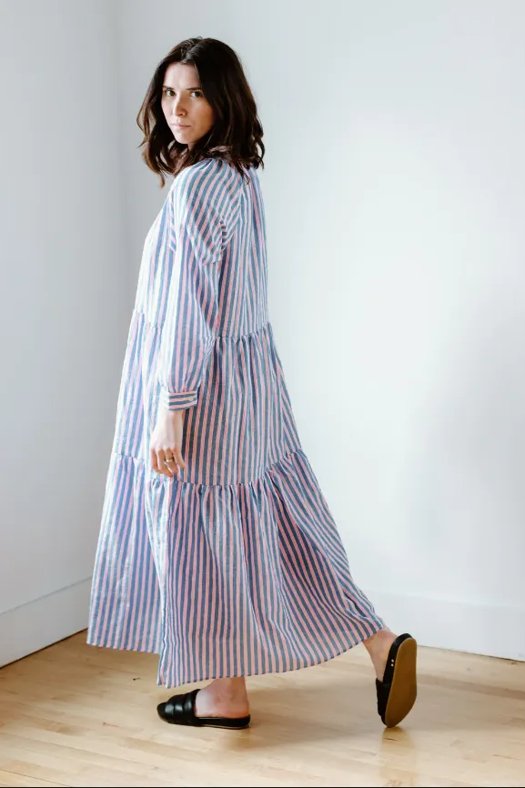 Neon Pink Stripe Puff Sleeve Maxi Dress